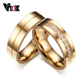 Vnox Trendy Wedding Bands Rings for Women / Men Love Gift Gold-color Stainless Steel CZ Promise Couple Jewellery