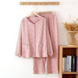 Women's Sleepwear Cotton Pyjamas Women 2Pcs Set Lounge Suit 2023 Spring Floral Print Home Clothes V-neck Loose Size Pyjamas