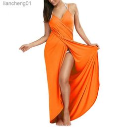 S-5XL Multi Colors Women Sexy V Neck Spaghetti Strap Maxi Long Dress Summer Backless Cover Ups Wrap Beach Dress Plus Size L230619