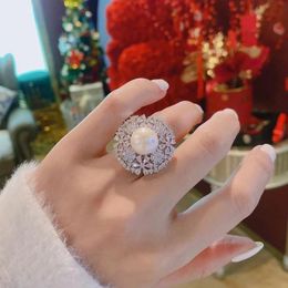 Super Large Pearls Ring Lady Sterling Silver Jewelry Retro Party Open Ring Flower Round AAA Zircon Jewelry Gift Wholesale