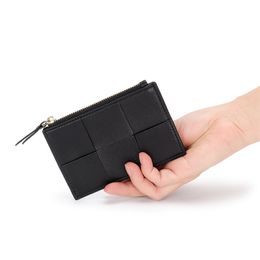 Annmouler Designer Women Wallets Genuine Leather Card Holders Woven Sheepskin Portable Coin Purses Luxury Money Bags Bifold