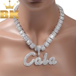 Pendant Necklaces THE BLING KING Custom Brush Script Letter Two Tone Micro Paved CZ Personalized Name Plate Necklace Hiphop Jewelry 230704