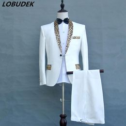 jacket pants tie Black White Leopard Collar male suit Host Prom Formal stage costumes Men's singer Chorus performance cloth268e