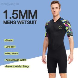 Wetsuits Drysuits 1.5MM Neoprene Wetsuit Men Short Sleeve Front Zip Scuba Bathing Suit Lycra Sun Protection Swimming Suit for Diving Surfing HKD230704