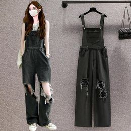 Women's Jeans Ripped Hole Overall Teenage Girls Korean Fashion Trends Streetwear Baggy Straight Leg Denim Pants Vintage Clothes