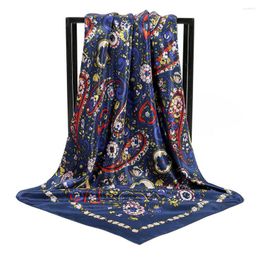 Scarves 90 90cm Square Silk Scarf 2023 Women Satin Print Hijab Muslim Pareo Bandana Female Shawl Headband Foulard