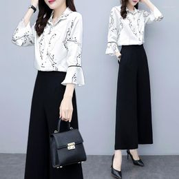 Women's Two Piece Pants Suit Female Spring Summer Fashion Large Size Chiffon Shirt Tops High Waist Casual Wide Leg Two-piece Set E110