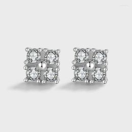 Stud Earrings Classic Square Cylinder Four Round Diamond Crystal For Women Prong Original S925 Sterling Silver Gift Jewelry