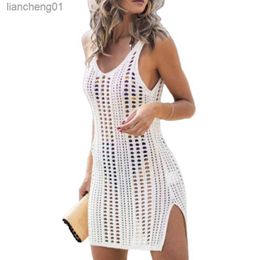 2023 Summer Cutout Beach Tank Top Sexy Bikini Outer Cover Up For Ladies Sleeveless V-Neck Mid Length Dress Knitted Beach Dress L230619