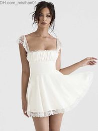 Casual Dresses Basic Casual Dresses Mozision Elegant White Lace Strap Mini Dress For Women Fashion Sleeveless Backless Loose Sexy Short Vestido Z230704