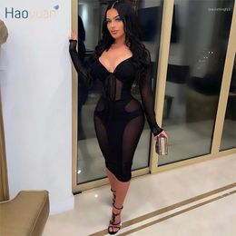 Casual Dresses HAOYUAN Sexy Mesh Patchwork Bodycon Black Dress Long Sleeve Bandage Club Outfits For Women Elegant Night Party Wear Midi
