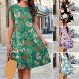 Casual Dresses Women Midi Dress Flower Print Rich Colours Flying Sleeves Ruffle Loose Hem Dating O Neck Commute Summer