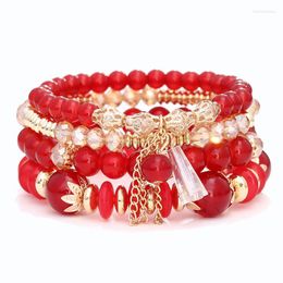 Charm Bracelets 4Pcs Bohemia Beaded Bracelet Set For Women Crystal Beads Elastic Wristbands Bangle Female Boho Jewelry