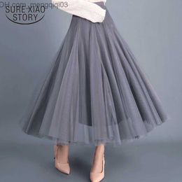 Skirts Style Autumn Solid Tulle Skirt Gray Brown Beige Pink Black Long s Elegant Sweet Casual A-line Women 4884 50 210510 Z230704