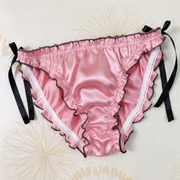 Silk Satin Ruffle Panties Sexy Lace-up Underwear Briefs Solid Color Low Rise Breathable Underpants Female Lingerie254N