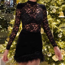 Casual Dresses Lace See Through Women Sexy Dress Patchwork Feather Female Fall Bodycon Mini Evening Dinner Party Y2K Ladies