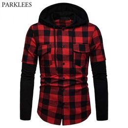 Men's Casual Shirts Red Black Plaid Hoodie Shirt Men Fashion Fake Two Pieces Check Hooded s Mens Hipster Streetwear With Pockets Xxl 230706