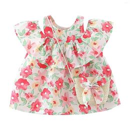 Girl Dresses Bohemian Floral Dress Baby Girls Flower Print Ruffled Summer Off Shoulder Princess Toddler Daily Sundress Bag Outfit