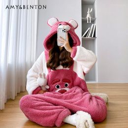 Women's Sleepwear Women's Autumn And Winter Thick Coral Fleece Cartoon Cute Pyjamas Flannel One-Piece Nightdress Home Wear Pants Suits