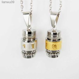 Stainless Steel Buddhism Six Words Rotatable Necklace Women Men OM Mantra Prayer Wheel Mantra Bottle Urn Pendant Necklace L230704