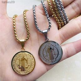 Stainless Steel San Benito Necklace For Men Women Catholic Saint Benedict Medallion Pendant Necklace Long Choker Jewelry L230704