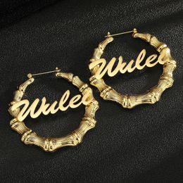 Dangle Chandelier 100mm Personalised Custom Letter Name Bamboo Joint Earrings Stainless Steel Nameplate Hoop for Women Jewellery 230704