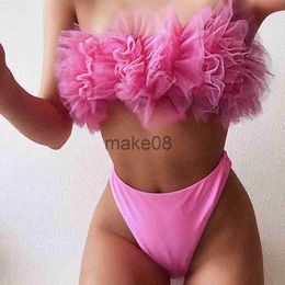 Women's Swimwear Solid Off Shoulder Bikini 2022 Women Pink Push Up Flower Bandeau Swimwear Summer Bathing Suit Thong Swimsuit J230704