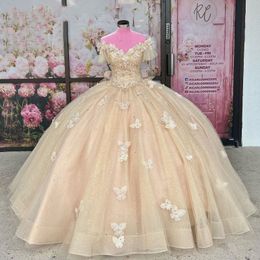 Champagne Shiny Sexy V-Neck Princess Prom Dress Quinceanera Dress Beading Bow Applique Lace Beading Sweet Birthday Party Dresses