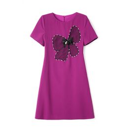 2023 Summer PurpleSolid Color Ribbon Tie Bowknot Dress Short Sleeve Round Neck Knee-Length Casual Dresses W3L044206