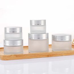 5g 10g 15g 20g 30g 50g Frosted Glass Bottle Cosmetic Jar Empty Face Cream Lip Balm Storage Container Pot Refillable Sample Bottles with Silver Lids