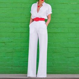 Women's Two Piece Pants Women V Neck Set Summer Casual Pocket Wide Leg Suits Elegant Office Lady Solid Short Sleeve Button Overalls Outfit