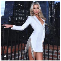 Urban Sexy Dresses Elegant Fashion Long Sleeve Notched Mini Blazer Dresses for Women Sexy Diamonds Tassel Bodycon Blazer Jacket Party Dress Clothes 230703