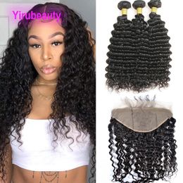 Brazilian Human 3 Bundles With 13X6 Lace Frontal Baby Hair Wefts 4 PCS/lot Deep Wave 10-30inch Natural Color