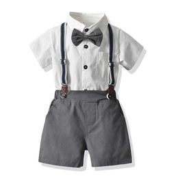 Suits Boys Clothing Summer Cotton Infant Newborn Baby Outfits 2pcs Short Sleeve Shirt +Suspenders Gentleman Suit Boys Sets 0-5 YearsHKD230704