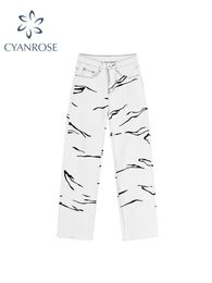 Parkas 2022 Summer White High Waist Jeans Chic Loose Straight Pants Women's Fashion Streetwear Trousers Haruku Embroidery Denim Pants