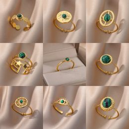 Stainless Steel Ring Green Color Turquoise Natural Stone Jewelry For Women Vintage 18K Gold Color Opening Adjustable Rings Gift