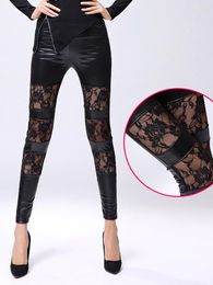 Women's Leggings Lace Mesh Sexy Women Black Skinny Stretch Pants Trousers High Quality Faux Leather Girl Tights Workout Leggins