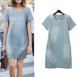 Casual Dresses Summer Loose Blue Jeans For Women Short Sleeve O Neck Denim Dress Washed Vestidos 4XL 5XL