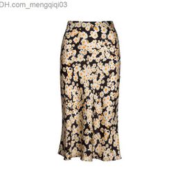 Skirts Floral Print Girls Silk Pencil Skirts Women Fashion High Waist Slim Skirt Ladies Chic Boho Midi Mermaid Jupe femme Z230706