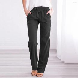 Active Pants Women Linen Black Pockets Loose Trousers Fashion Straight And Solid Waist Drawstring Cotton Casual Long Elastic Pant