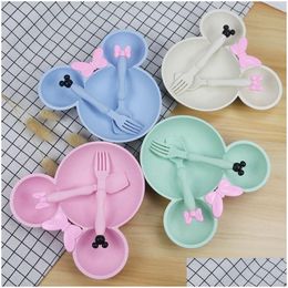 Cups Dishes Utensils Utensil Kid Cutlery Set Baby Wheat St Mouse Spoon Fork Bowl 3Pcs Girls Cartoon Tableware Dinnerware Gift Box Dh4Gj