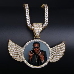 Pendant Necklaces TOP Gold Custom Made Po With wings Medallions Necklace 4mm Tennis Chain Cubic Zircon Men's Hip hop Jewellery 230704