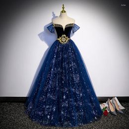 Party Dresses French Blue Evening Dress Off Shoulder Sequins Beaded Luxury Embroidered Gold Belt Ball Gown Floor Length Formal Vesidos