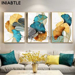 Wallpapers Blue Green Yellow Gold Leaf Plant Flower Canvas Poster Abstract Painting Wall Art Print Nordic Modern Pictures Living Room Decor J230704