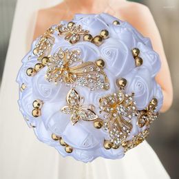 Decorative Flowers High Quality Whhite Silk Bouquet Butterfly Silver Diamond Wedding Bridal Romantic Mariage