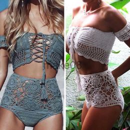 Women's Swimwear Crochet High Leg Bandeau Bikini Set Swimwear Female Two Pieces Swimsuit High Waist Bikini Women Bathing Suit Biquini 2019 New J230704