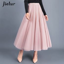 Skirts Jielur Autumn 3 Layers Princess Tulle Mesh Pleated Skirt Saia Female Jupe Summer Tutu Faldas Mujer Moda 230703