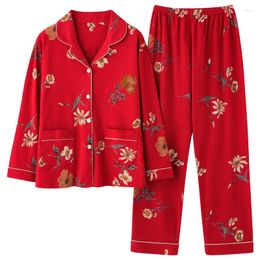 Women's Sleepwear Long Sleeved Trousers 2pcs Pyjamas Set Autumn And Spring Cotton Home Clothes Printed Loose Casual P