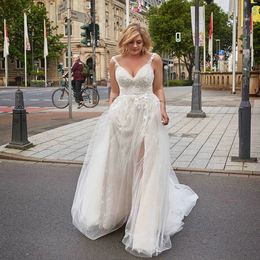 Plus Size V Neck Lace Appliques Wedding Dresses Beaded A Line Bridal Gown Tiere Tulle Summer Inside Slit Wedding Dress