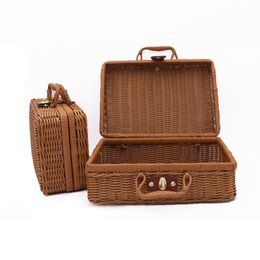 Jars New Retro Rattan Suitcase with Hand Gift Box Manual Woven Cosmetic Storage Box Wicker Rattan Picnic Laundry Baskets Home Storage